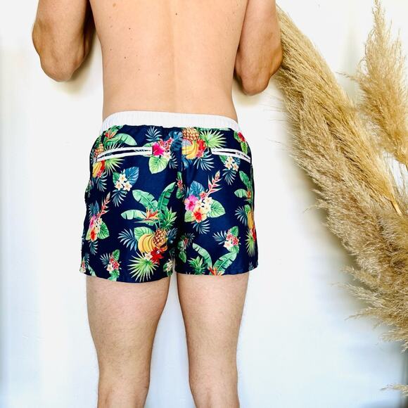 MENS AUSSIEBUM Navy Blue White Floral Palm Swim Trunks Shorts Pockets Unlined M - Picture 4 of 12